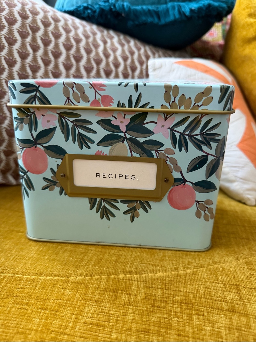 Rifle Paper Co. floral metal recipe tin box with lid and dividers